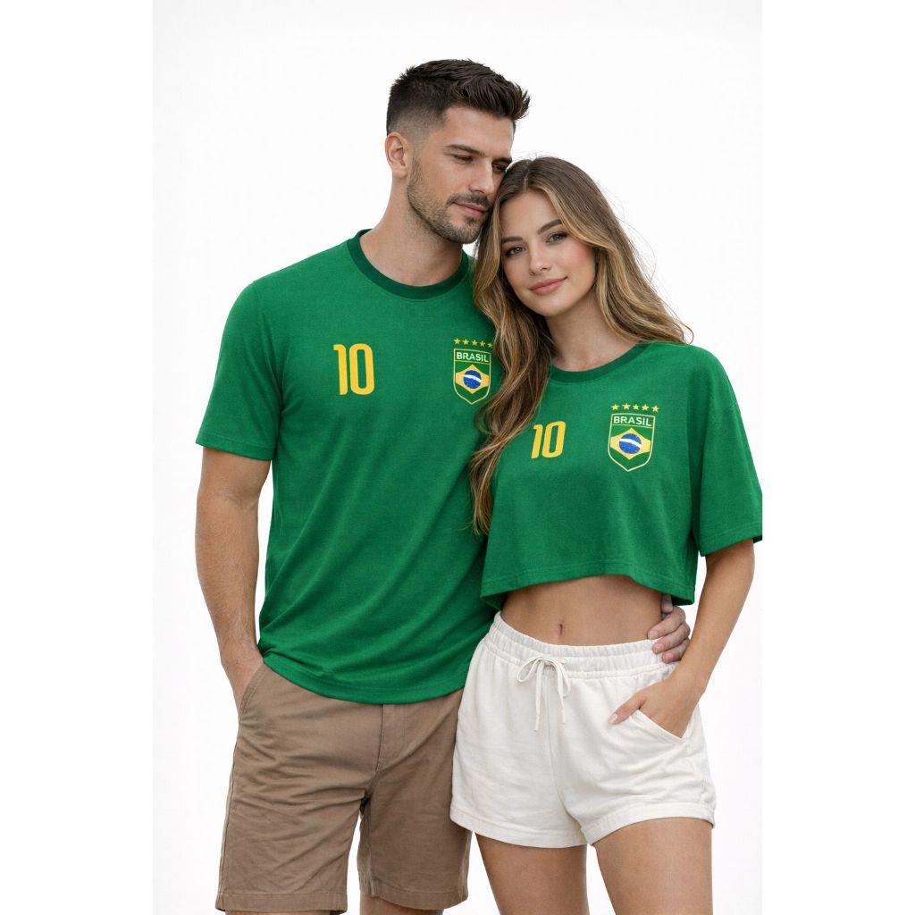 Kit Casal Brasil Camiseta Masculina + Cropped Feminino 100% Algodão Copa do Mundo Look Torcedor Presente Namorados Verde
