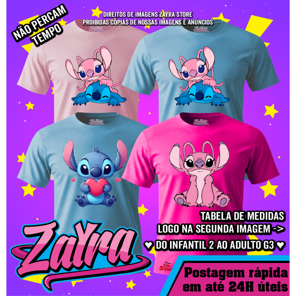 Camiseta Personalizada Lilo e Stitch e Angel (Do Infantil 2 ao Adulto G3) 100% Algodão