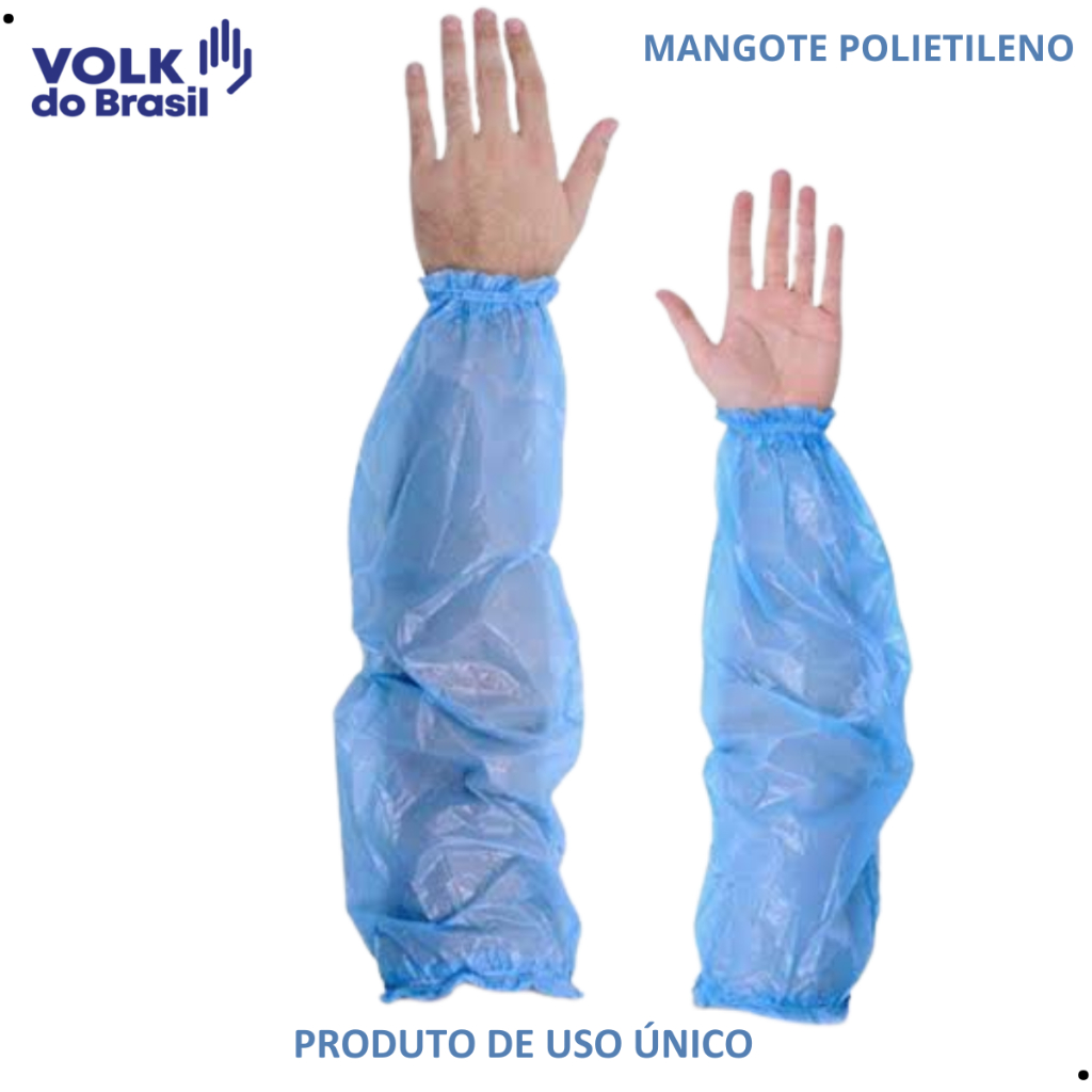 Kit 50 Mangote Descartável Azul Polietileno Volk Proteção Indústria Alimentícia Estética Limpeza