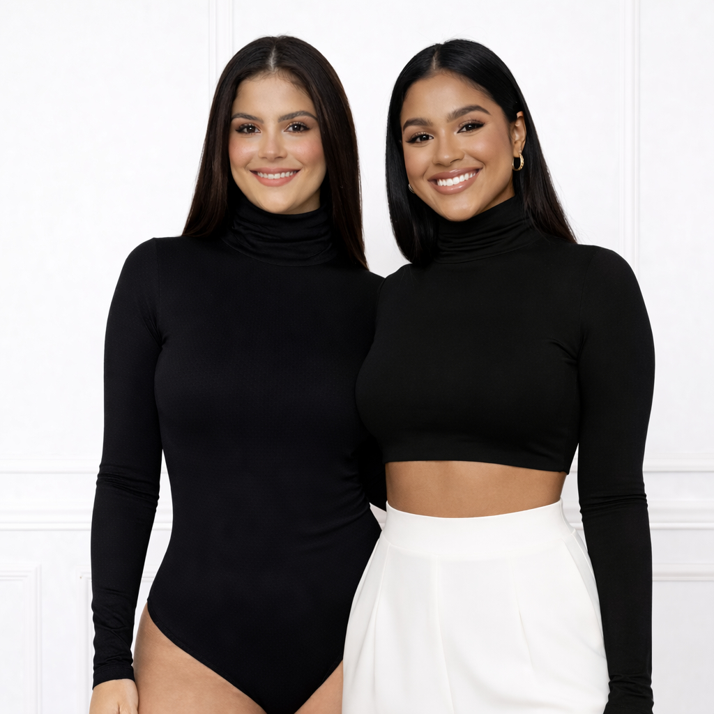 Kit Conjunto Body + Cropped Gola Alta Manga Longa Feminino Viscolycra