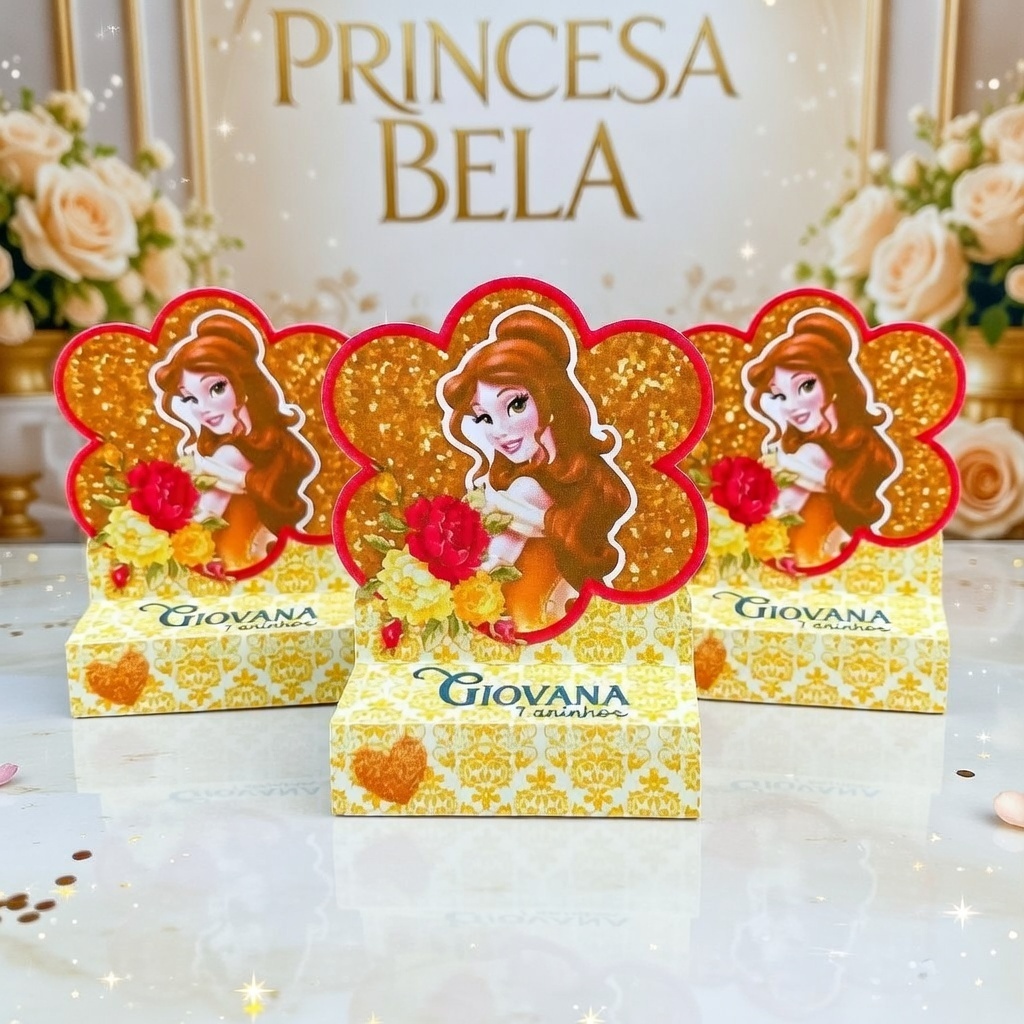 Porta Bis Princesa Bela | Caixinhas Personalizadas - Lembrancinhas Aquarela - Pronta para Montar