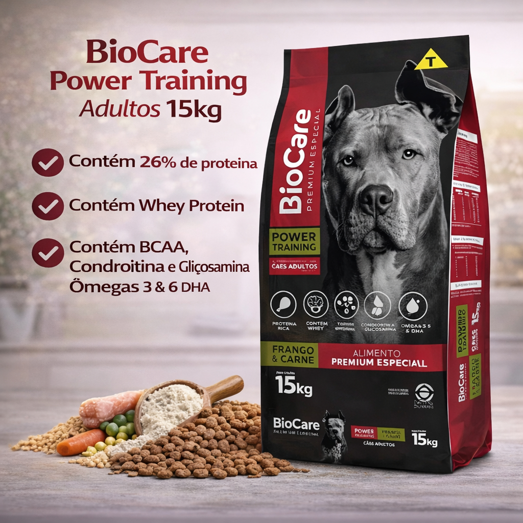Ração Biocare Cachorro Adulto Premium 15kg Power Training 26% Proteína Frango e Carne em Oferta na Shopee