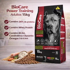 Ração Biocare Cachorro Adulto Premium 15kg Power Training 26% Proteína Frango e Carne
