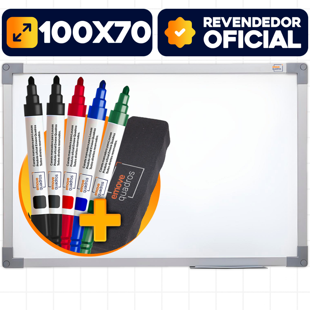 Lousa Branca 100x70cm + 5 Caneta E Apagador Quadro Branco Escolar Para Escrever Planejamento Anotações Alumínio