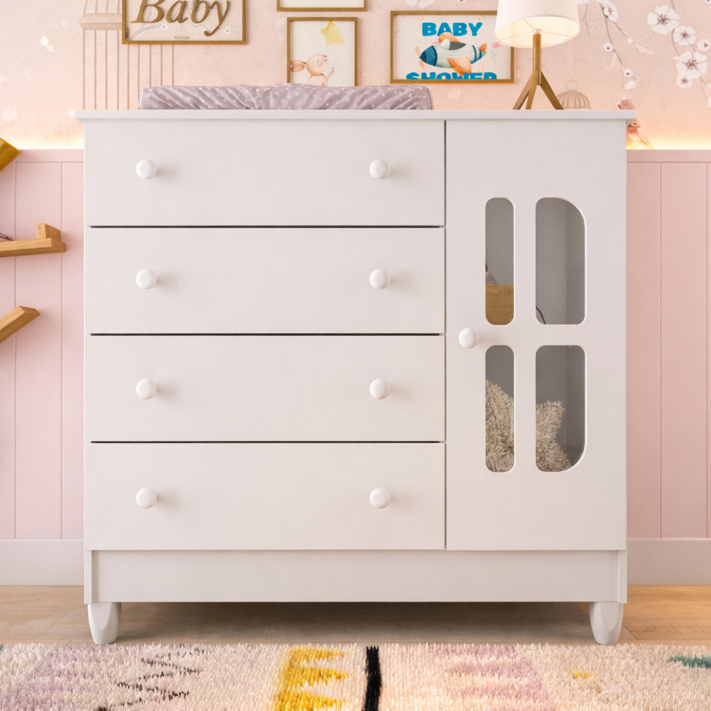 Cômoda Infantil 4 Gavetas com Porta Fraldário Gabrielle 100% MDF Branco em Oferta na Shopee