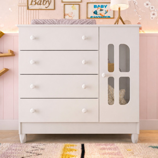 Cômoda Infantil 4 Gavetas com Porta Fraldário Gabrielle 100% MDF Branco em Oferta na Shopee