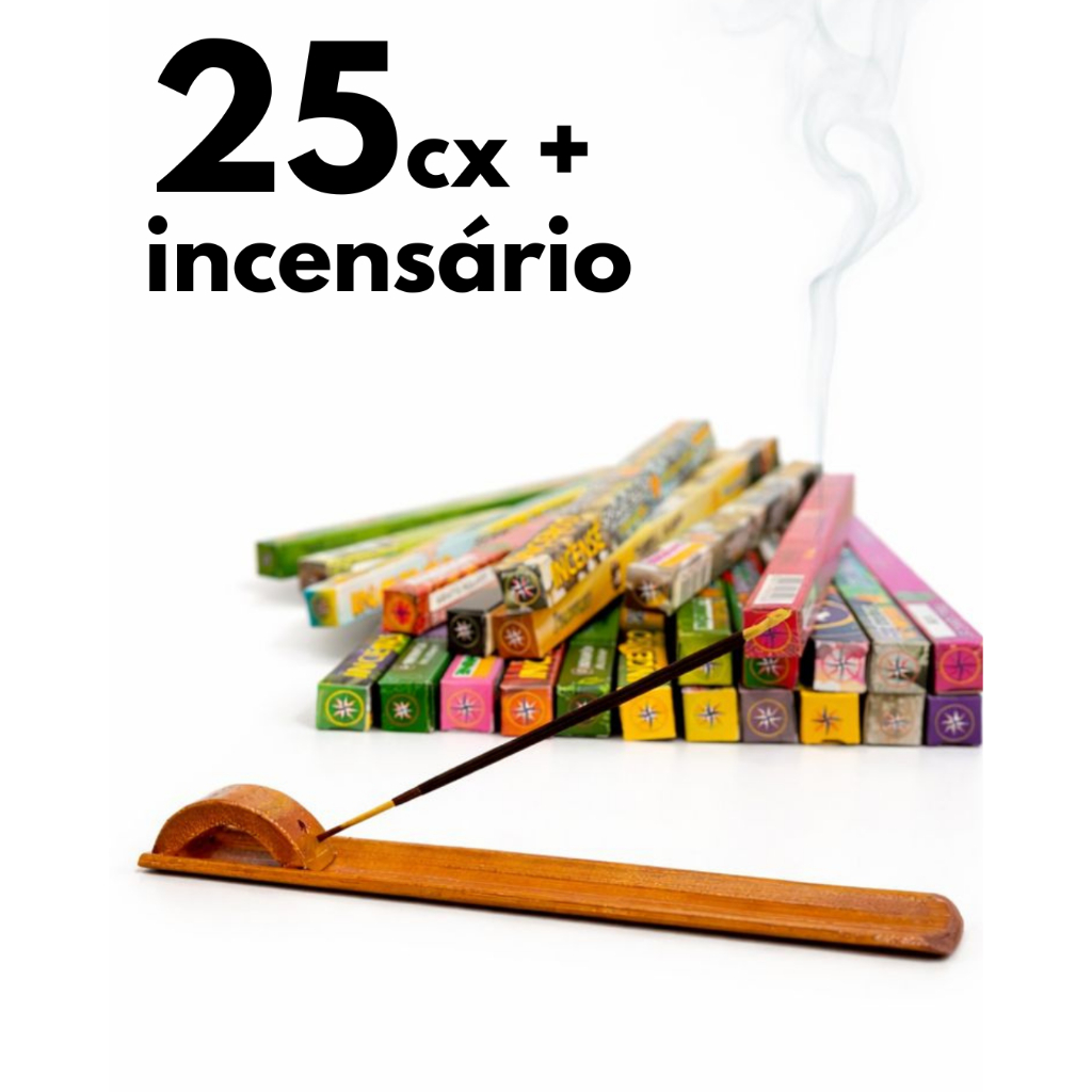 Incenso Natural Aromas Sortidos Special Blend 25 Caixas 200 Varetas e Porta Incenso Régua de Madeira