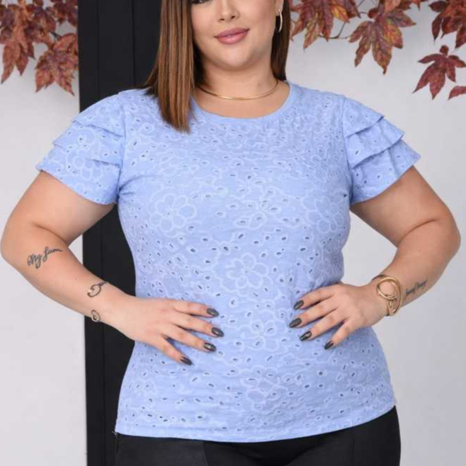 blusa femenina de malha lasie com mangas babadas em Oferta na Shopee