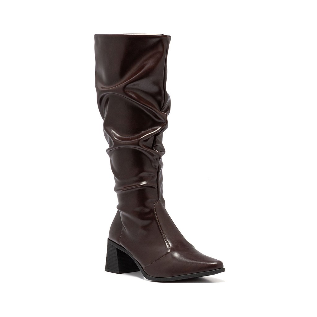 Bota Feminina Slouchy Cano Alto Stretch Salto Médio Confortável Bico Fino Enrugada Moda Inverno