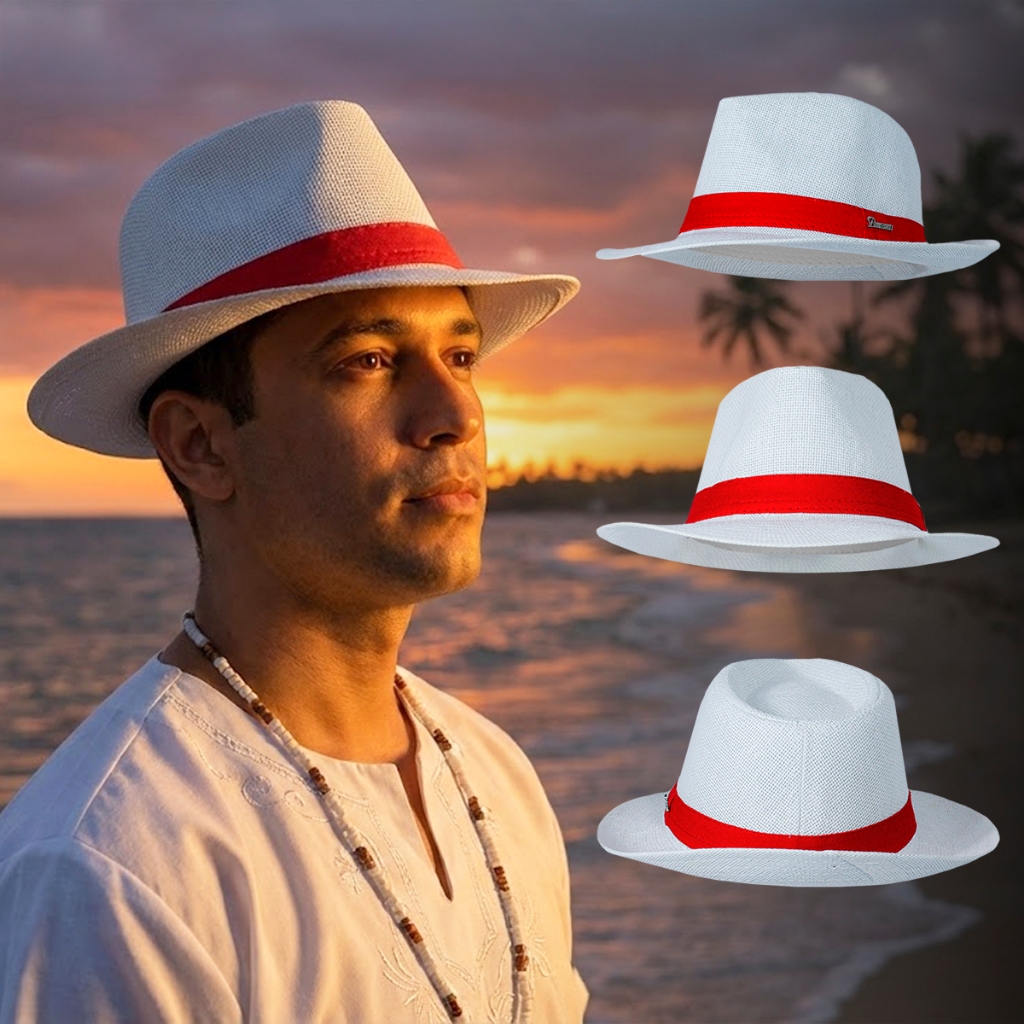 Chapéu Umbanda Malandro Branco Faixa Vermelho Malandrinho Panamá Fita Zé Pilintra Umbanda Sambista