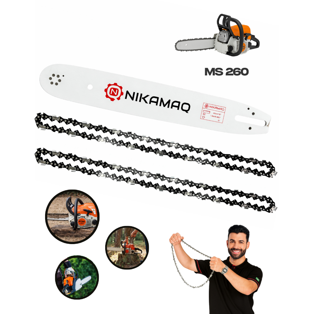 Kit Sabre Saibro Barra Facão 16 Polegadas 325 + 2 correntes 33+1 dentes para motosserra Stihl MS260