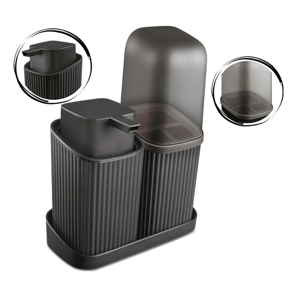 Kit Banheiro Lavabo organizador Moderno Porta Sabonete Líquido 400ml e Porta Escovas de Dente com Bandeja preto / branco