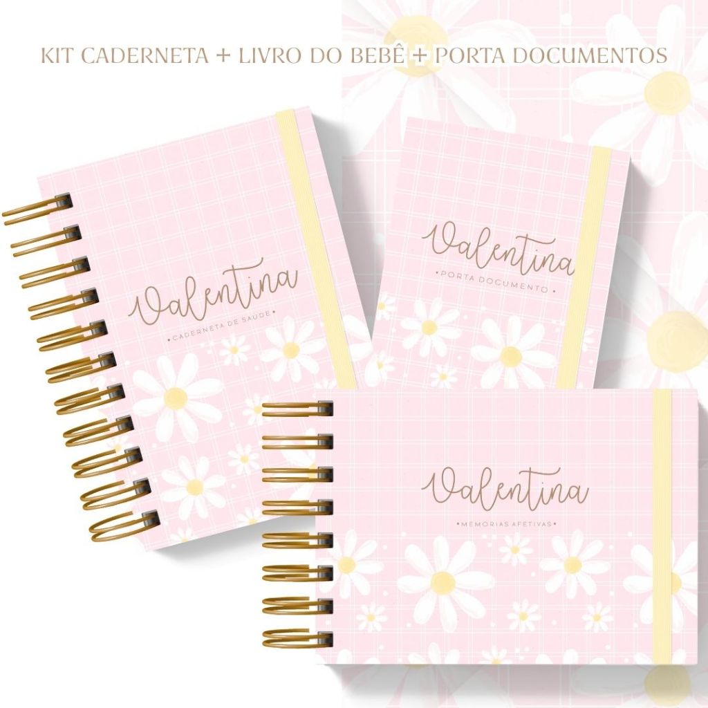 Caderneta de Saúde/Vacina - Livro do bebê - Kit Maternidade- Margaridas Rosa - Mininalista - Personalizado - Menina