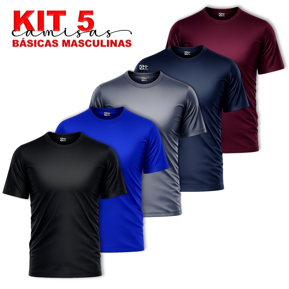 KIT com 5 Camisas Masculino Poliéster Premium | Camisas Lisas para Dia a Dia / Treino