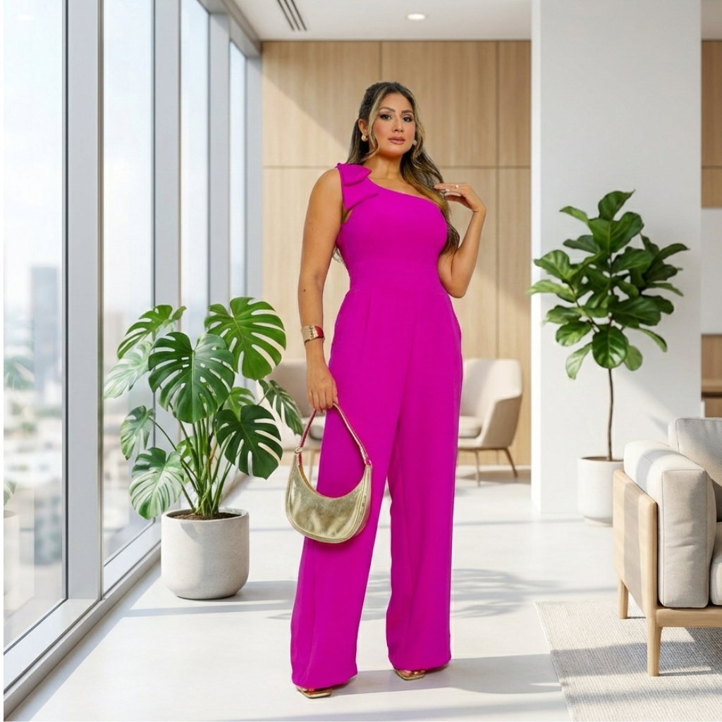 macacão feminino festa casual longo laço no ombro com lastex