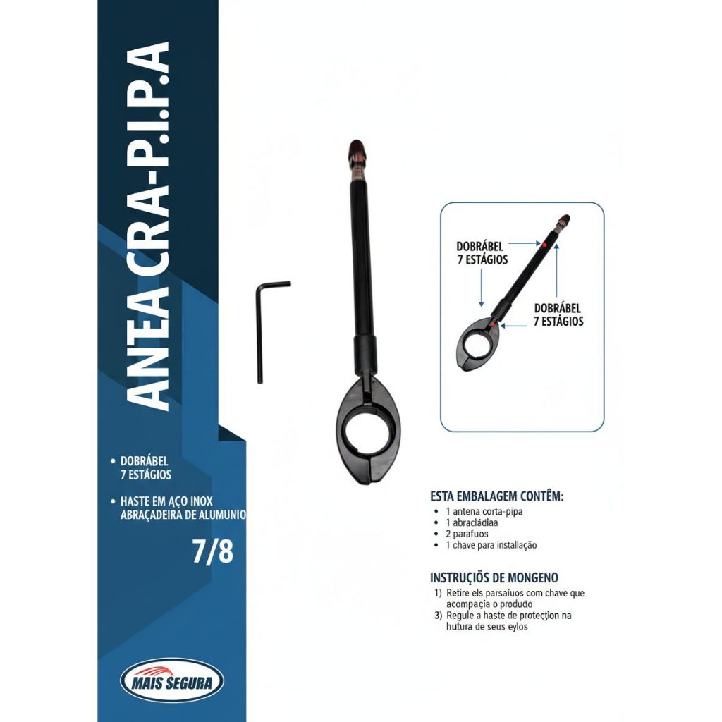 Antena Corta Pipa Moto Inox Retrátil - Proteção 7 Estágios (Universal)   Motoboy Aço Inox Reforçada em Oferta na Shopee