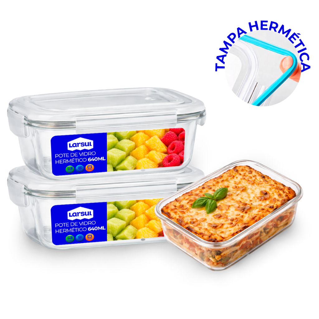 Conjunto Potes 640ml Vidro Hermético Mantimentos Marmita 640ml Marmita Fit com Tampa 4 Travas