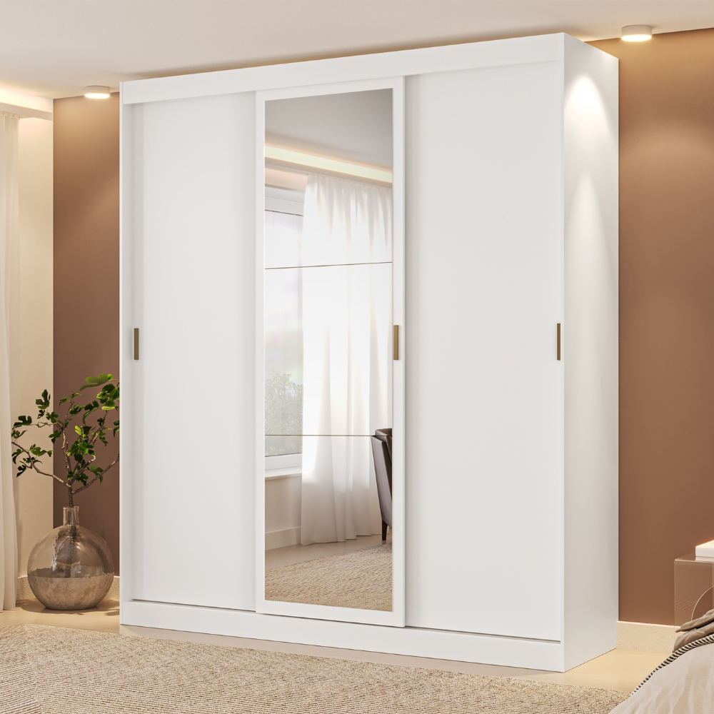 Guarda Roupa Casal 3 Portas de Correr com Espelho Branco Carraro em Oferta na Shopee