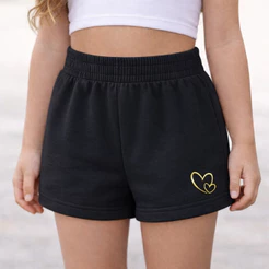 Short Infantil Feminino Moletinho Confortável com Cintura de Ribana e Bordado Coração Com Bolso – Rosa, Preto e Cinza