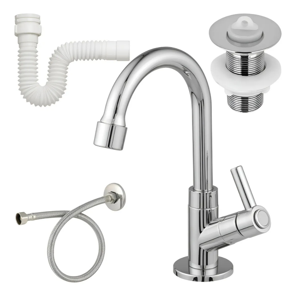 Kit P/Banheiro Torneira Lavatório Cuba Valvula 7/8 + Sifão + Flexível Universal Metalizado