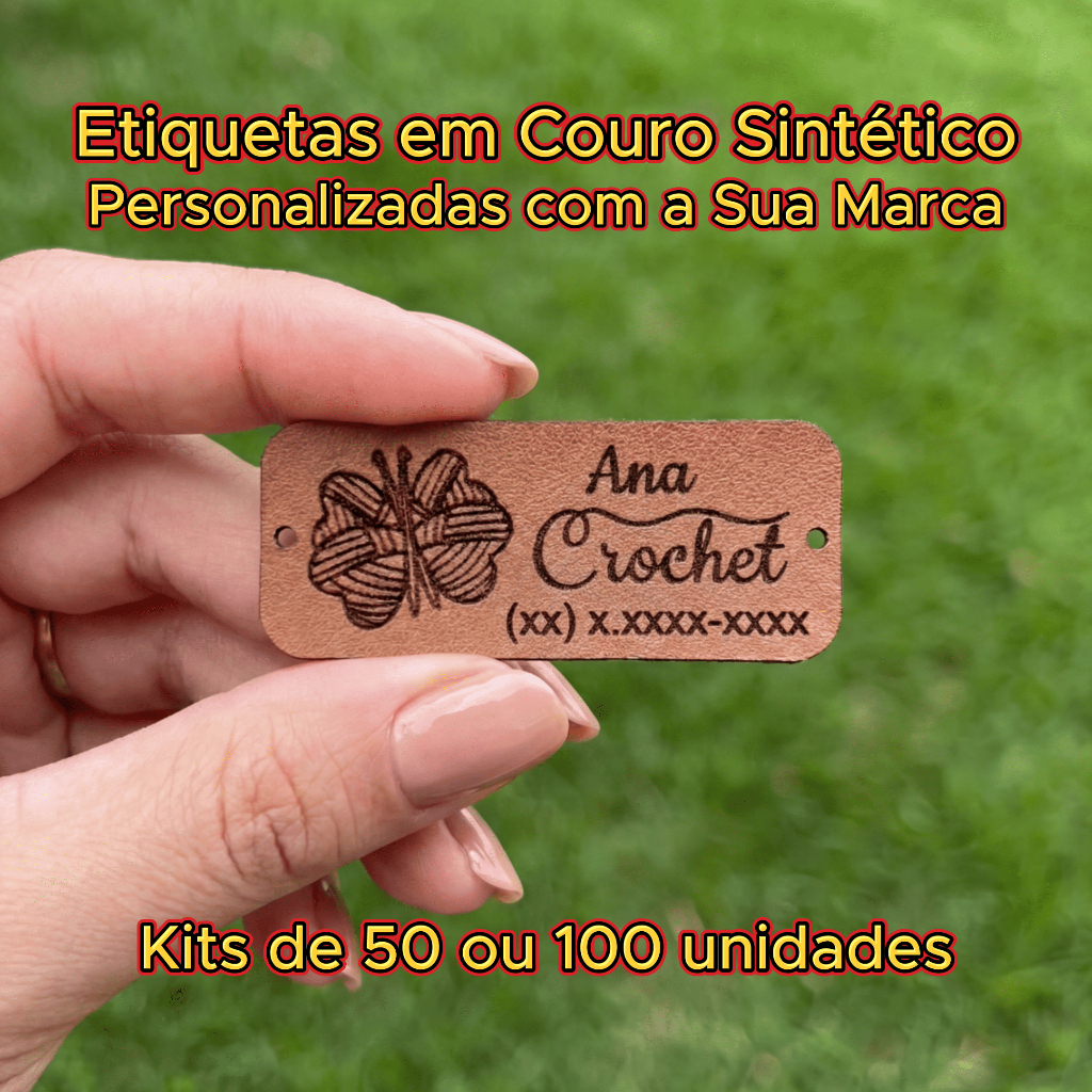 Etiquetas de Couro Personalizadas Com a Sua Marca - 50 ou 100 Unidades - Crochê - Retangular