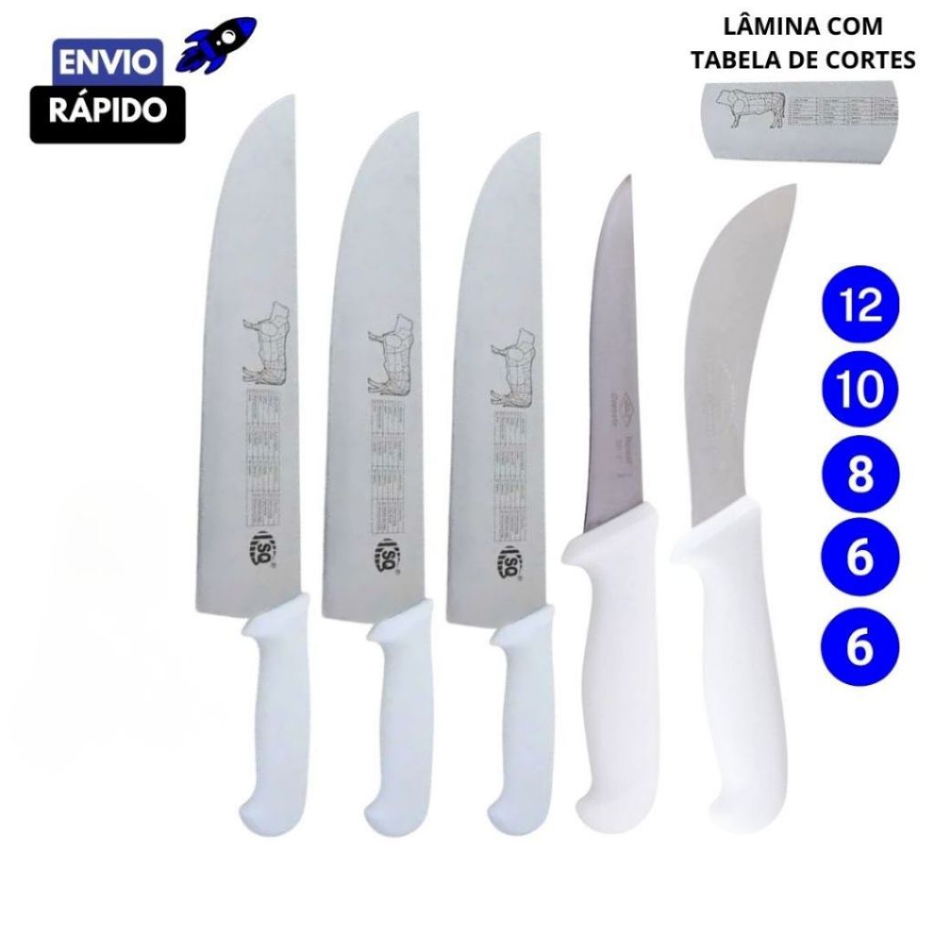 Kit 5/3/2 Peças Faca Profissional Açougueiro N 8" 10 12" + Faca de Desossar Faca Tirar Couro em Inox