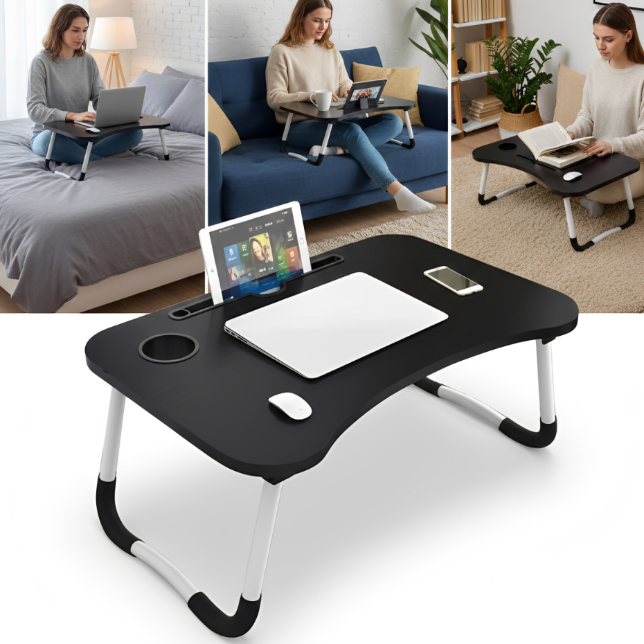 Mesa Dobrável Portátil em MDF com Suporte para Celular e Copo