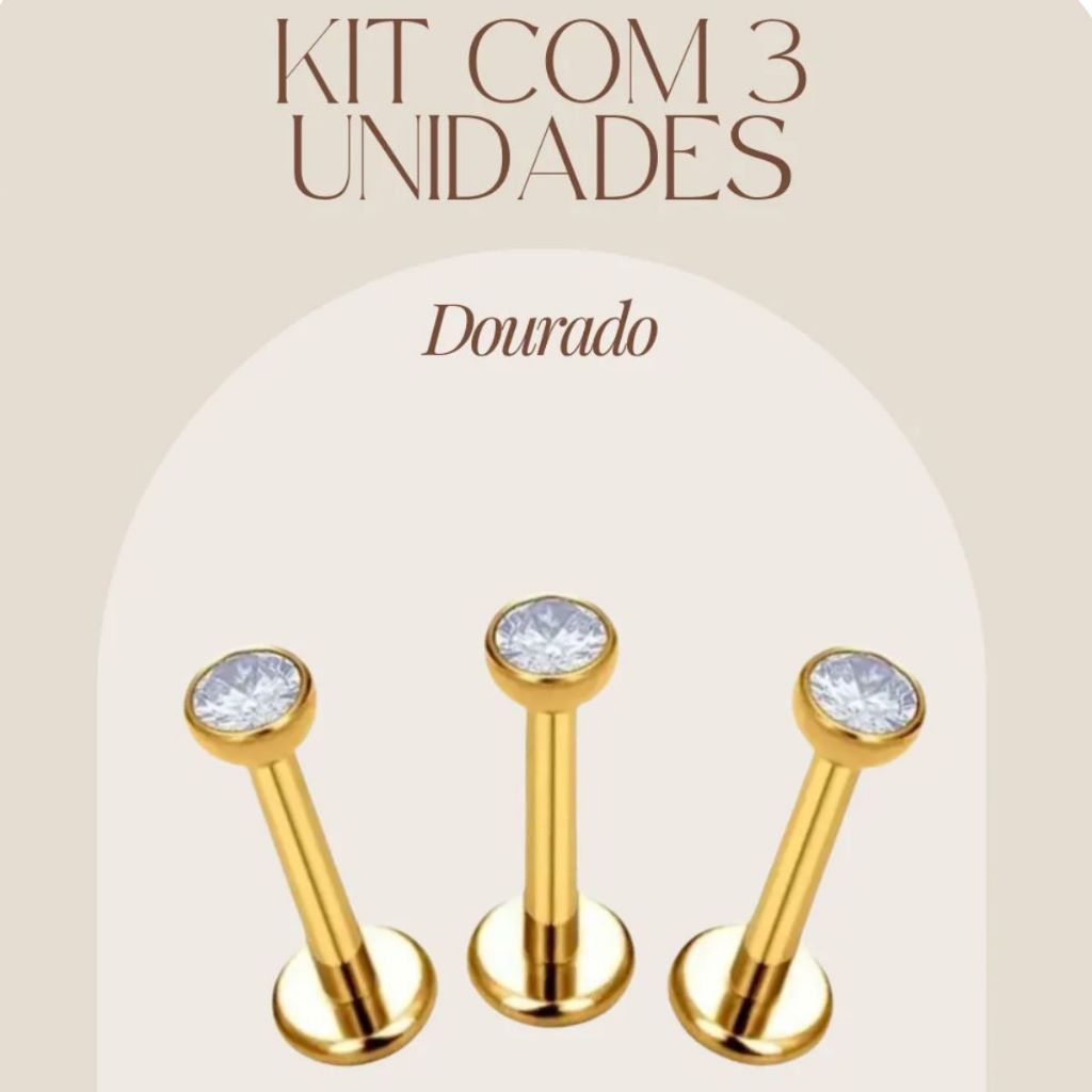 KIT 3 Piercing 100% Titânio Ponto Luz Zircônia Helix Conch Labret Pvd Dourado, Prata
