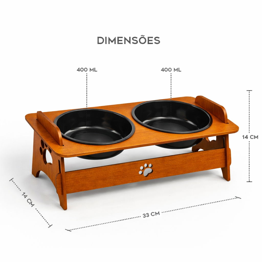 Comedouro Elevado Pet MDF – Bebedouro Gato e Cachorro com 2 Tigelas BPA Free 400ml