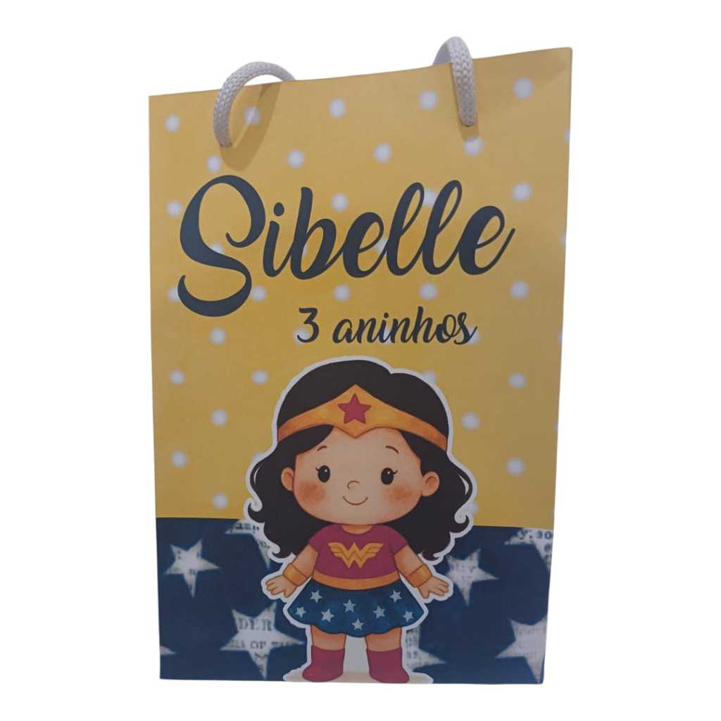 Sacolinha Personalizada com nome e idade (cabe Pipoca) Mulher Maravilha Surpresa Festa Aniversário Lembrancinhas