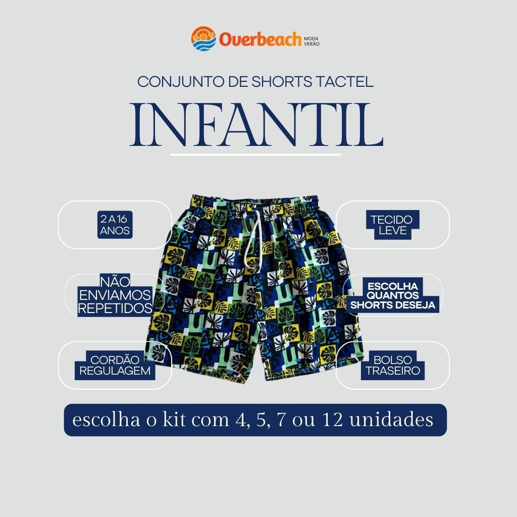 Conjunto de 12 Bermuda tactel infantil menino | short tactel infantil masculino, bermuda praia infantil com elástico