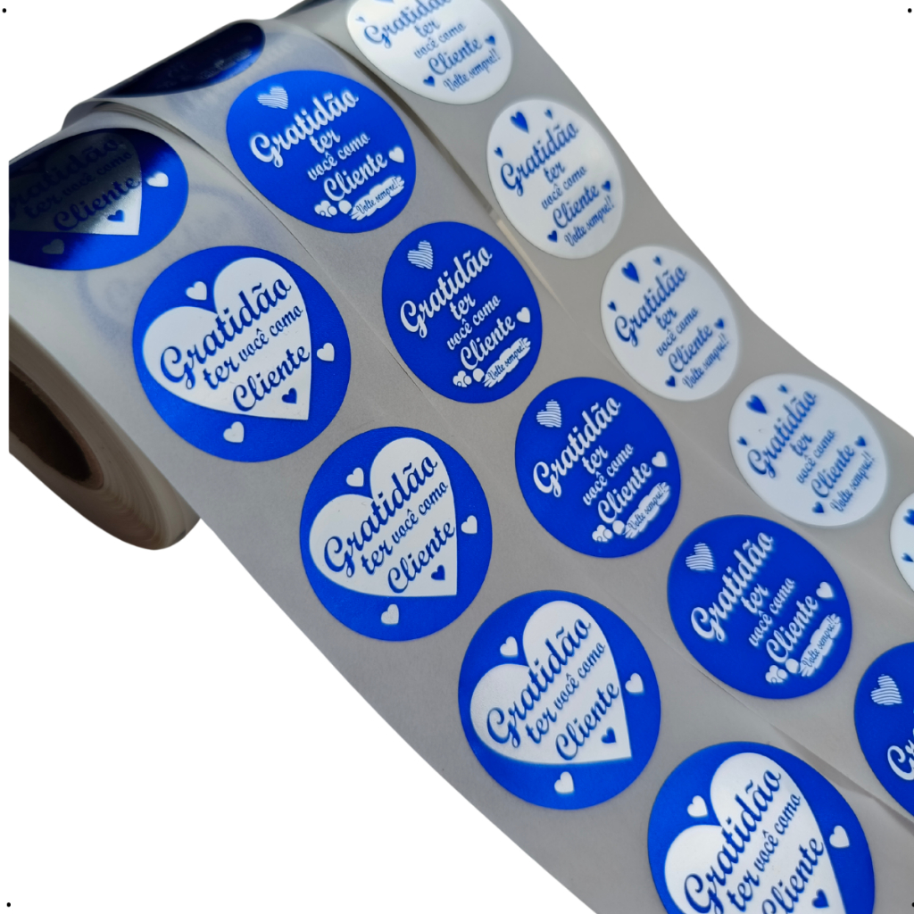 Etiquetas Adesivas "Gratidão Ter Você Como Cliente" VERMELHO Metalizado BOPP / AZUL 30x30mm- MIMOS.