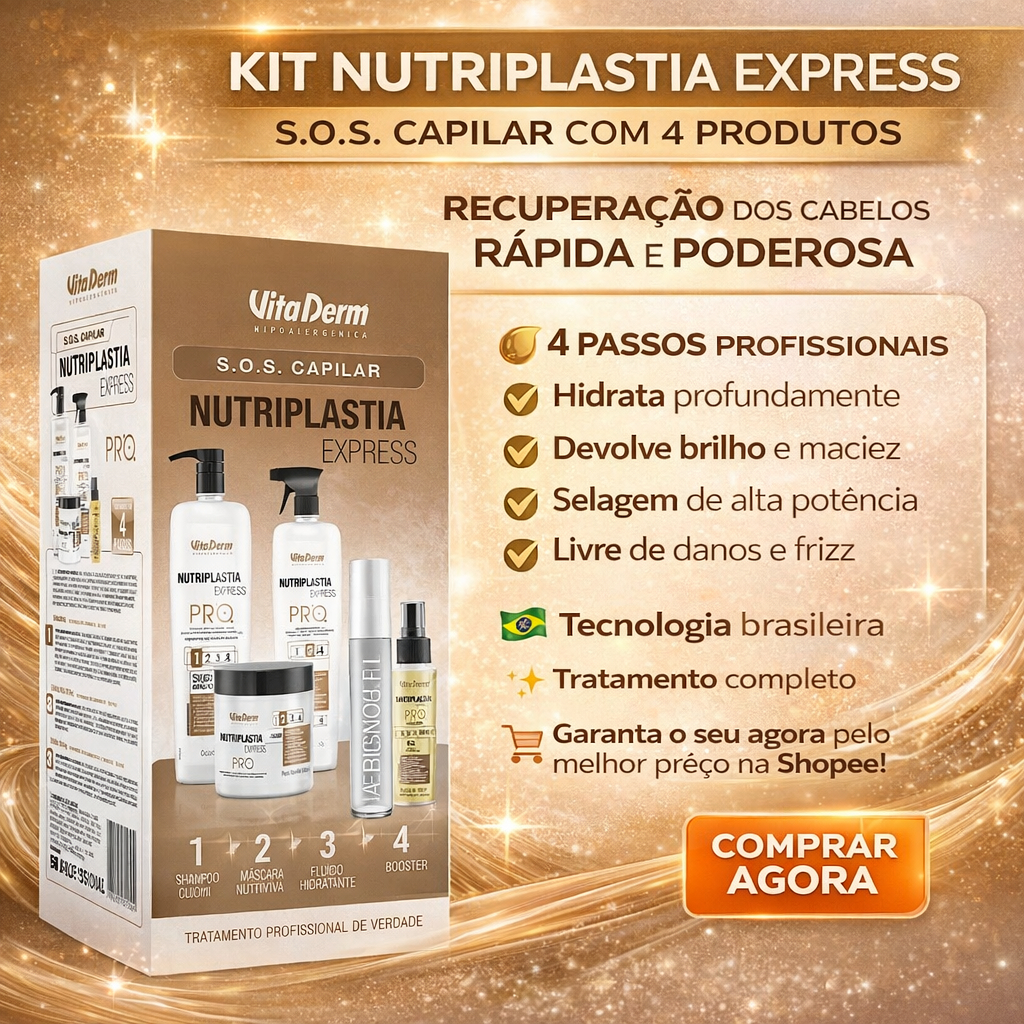 Kit Nutriplastia Express PRO Vita Derm 4 Produtos Tratamento Capilar Completo Anti Frizz Hidratação e Reparação Profunda