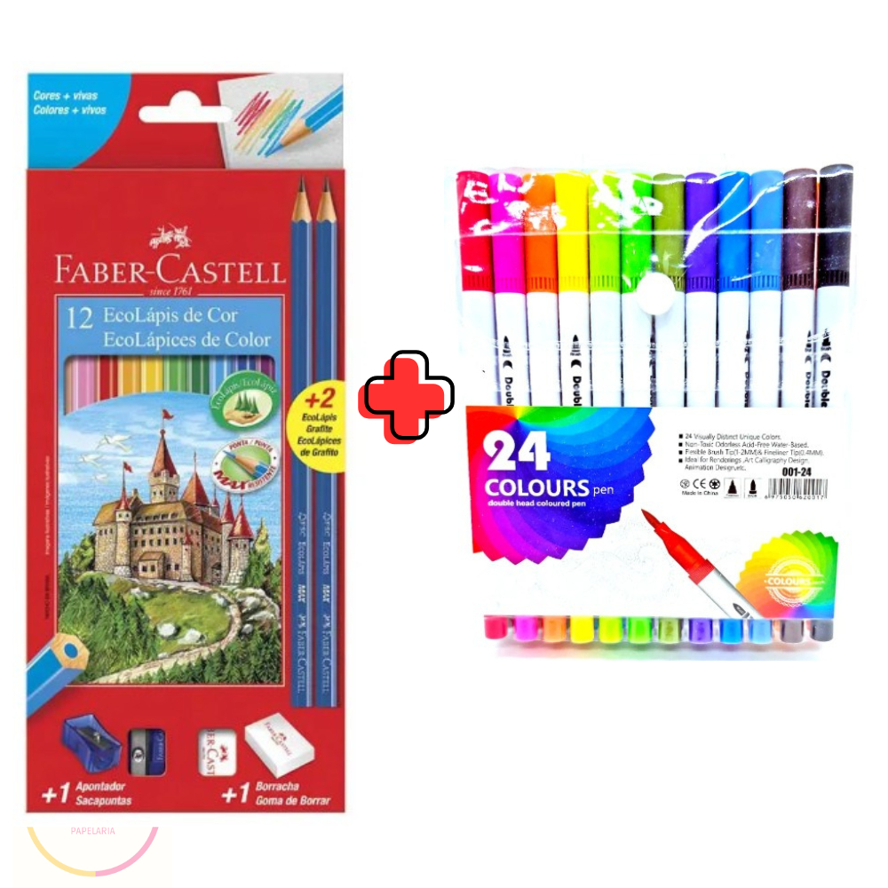 Lapis De Cor 12  Faber Castell+ 24 canetinhas Blush 2 pontas em Oferta na Shopee