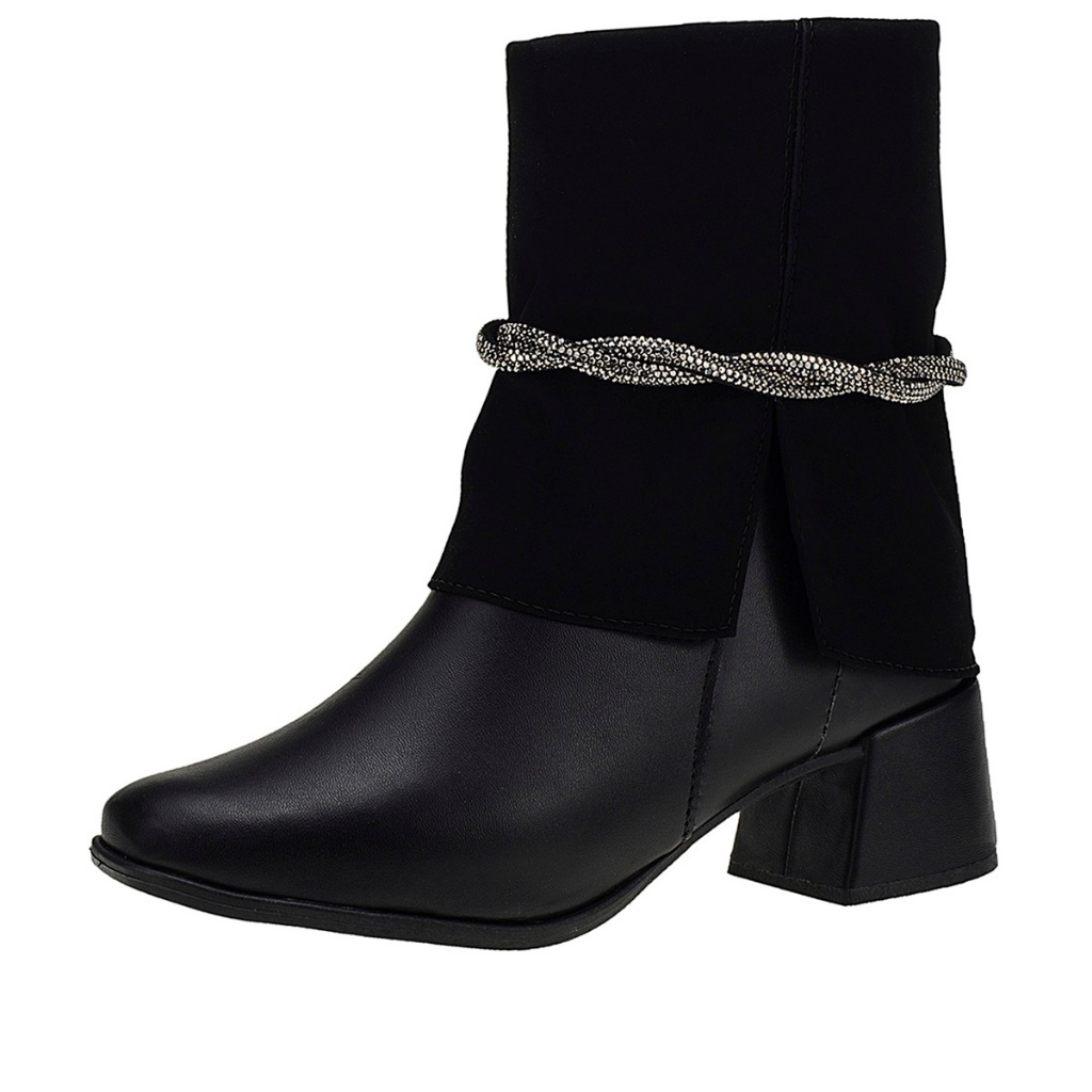 Bota Salto Feminina Bico Quadrado Cano Médio Shekinah Detalhe Strass Ziper Lateral Gola Virada Capa em Oferta na Shopee