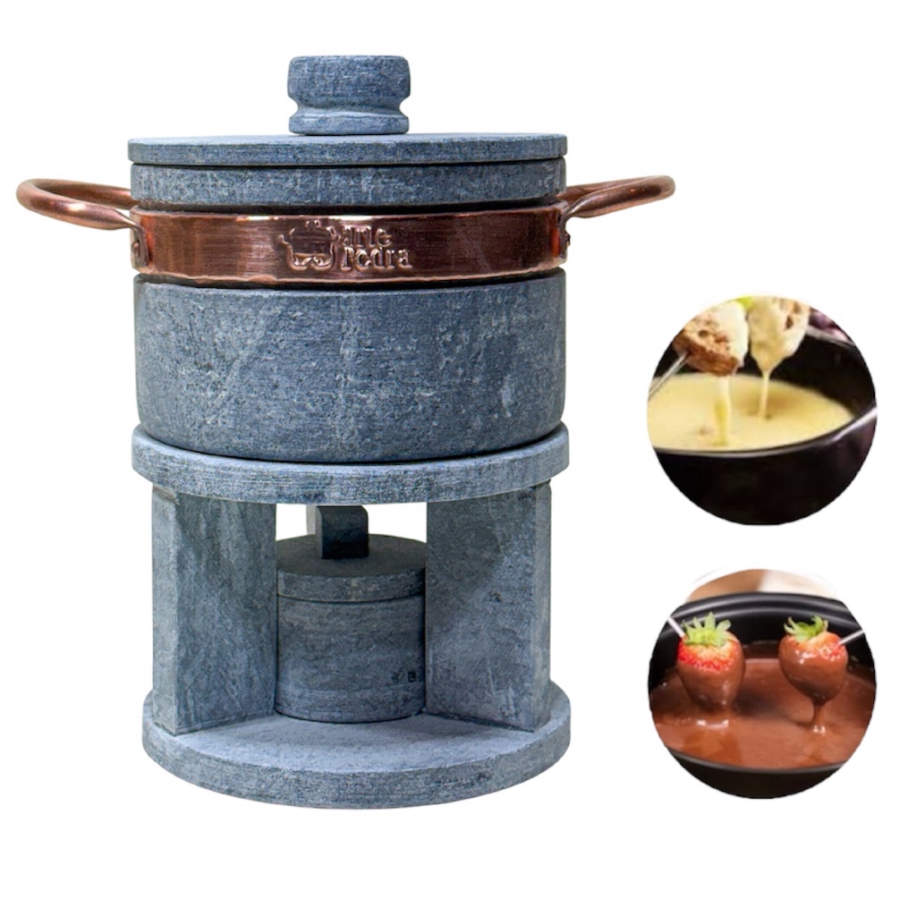 Fondue de Pedra Sabão Arte Pedra - Panela e Réchaud com Alça de Cobre