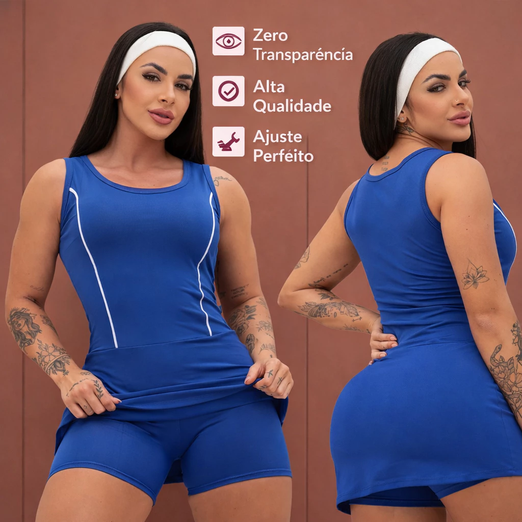 Macaquinho De Academia Fitness Feminino Saia Short de Viés Moda Esporte Academia — imagem 1