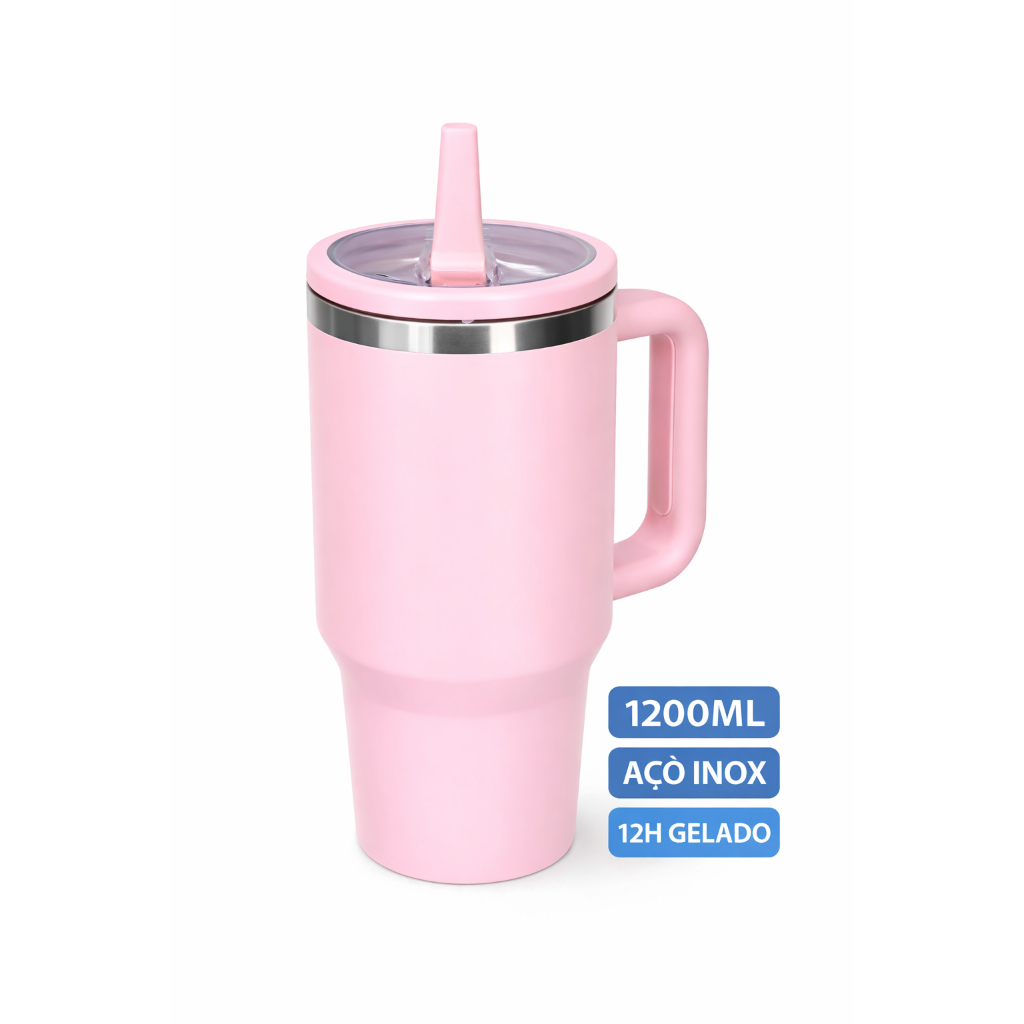 Copo Térmico 1200ml Rosa Salmão Inox 304 Com Alça e Canudo Flip Mantém Gelado 12h Porta Copos