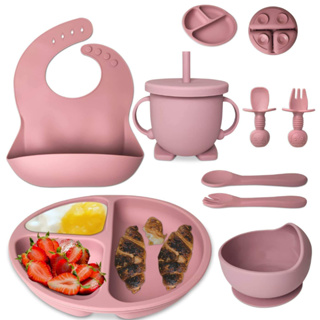Talheres bebê silicone 8 Peças kit Talheres Infantil Com Ventosa Canudo Colher Babador Garfo Introdução Alimentar em Oferta na Shopee