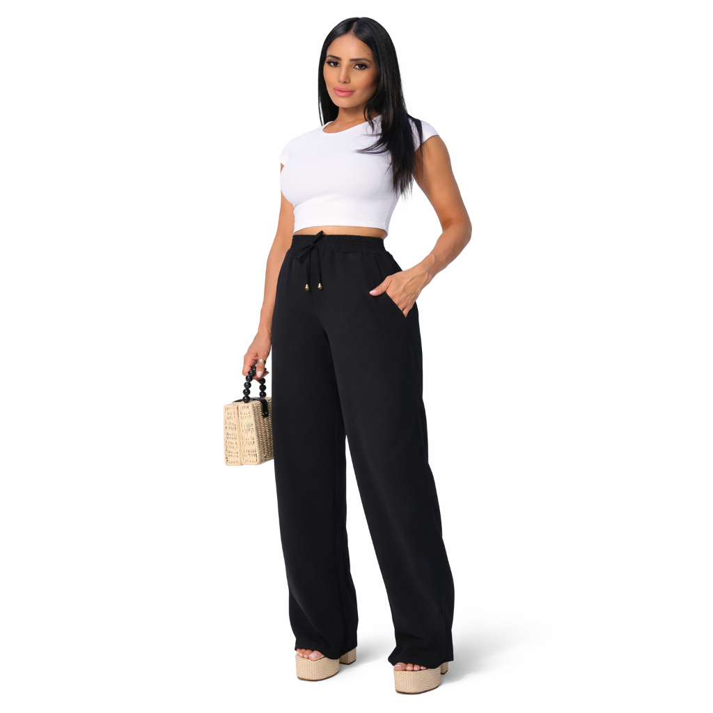 Calça Pantalona Feminina Cós Alto Bolsos Casual Premium