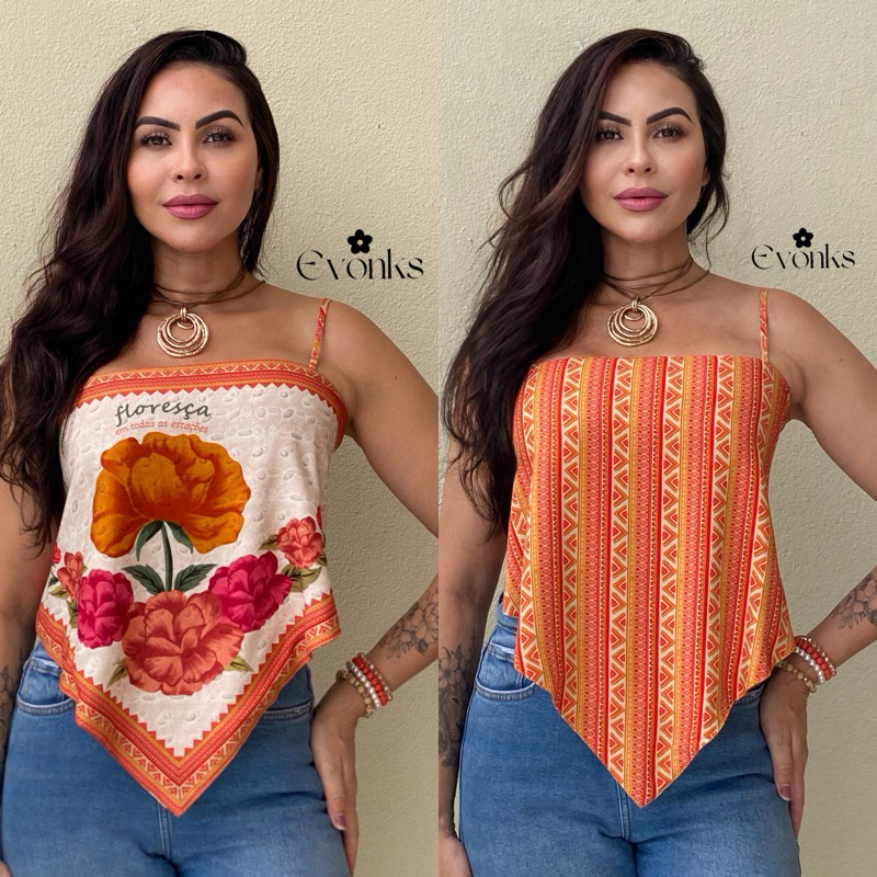 Cropped Lenço Feminino Viscose, 2 em 1 Amarração Costas Blusa Estampa Floral Tropical