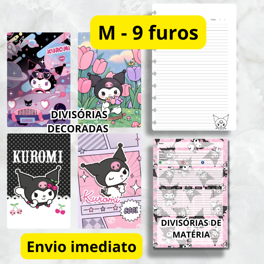 REFIL 100 FOLHAS PARA CADERNO DE DISCO KUROMI (M - 9 FUROS) E KIT DIVISÓRIA em Oferta na Shopee