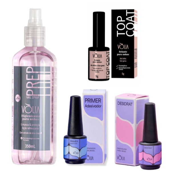 Kit Preparadores Volia Prep 350ml + Desidrat + Primer + Top Coat