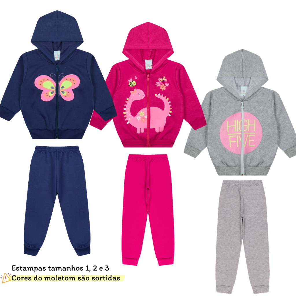 Kit Sortido 6 Peças Moletom Infantil Menina Juvenil Feminino em Promoção com Zíper - 3 Jaquetas + 3 Calças Peluciada em Oferta na Shopee
