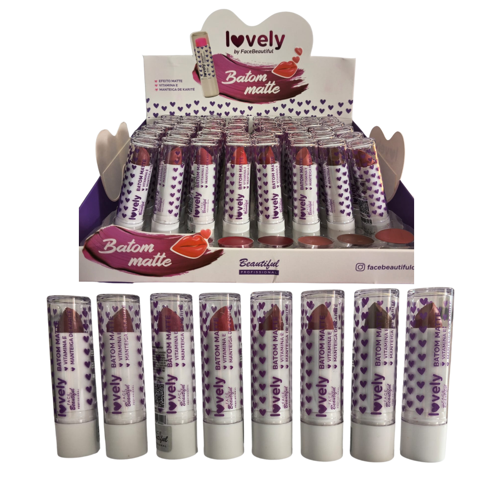 Kit C/8 Batom Matte Lovely -  Com Vitamina E - By Face Beautiful