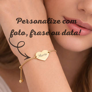 Pulseira Feminina Banhada a Ouro 18K e Prata Personalizado a Laser, Fotogravação, Frase, Simbolo, Iniciais e Datas