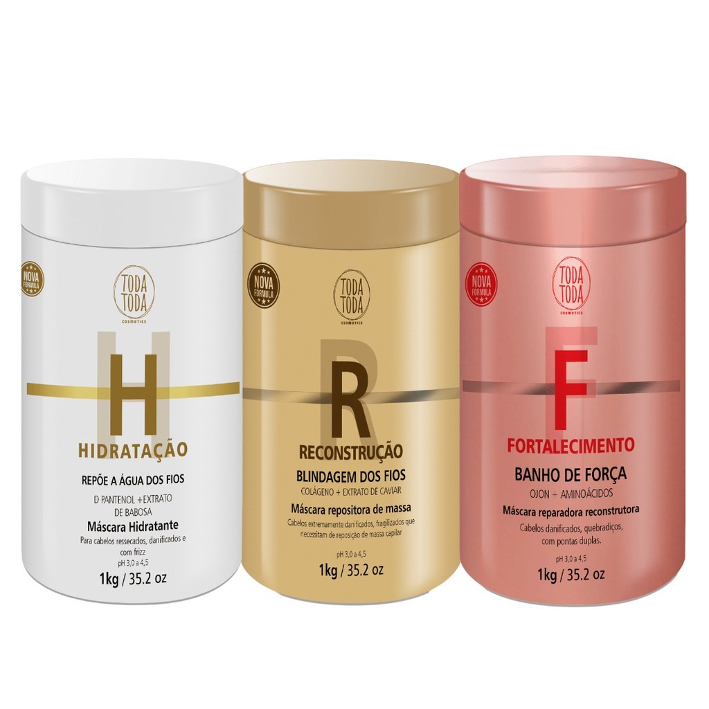 Kit Cronograma Capilar 03 Máscaras 1Kg Hidratação, Reconstrução e Fortalecimento - Toda Toda em Oferta na Shopee