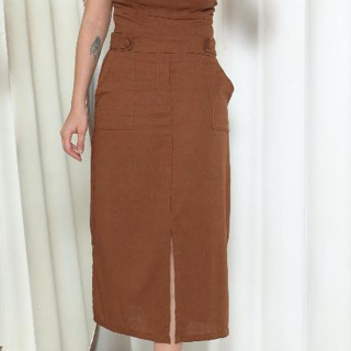 Saia Midi Feminino  em Linho com Botões Encapados | Elegante e Moderna em Oferta na Shopee