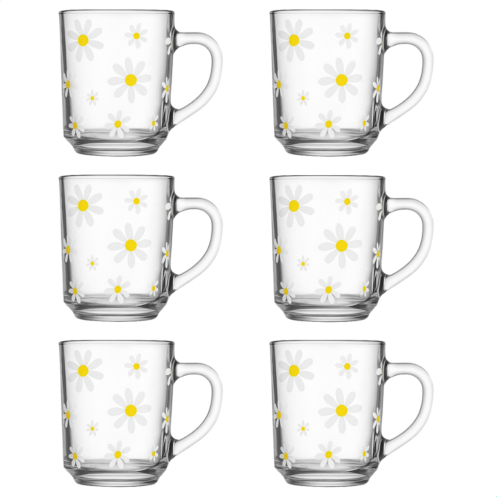 Kit Jogo Caneca De Vidro Com Margaridas 230ml Estampa Floral Delicada Com Alça Copo Transparente Decorado Para Café Chá