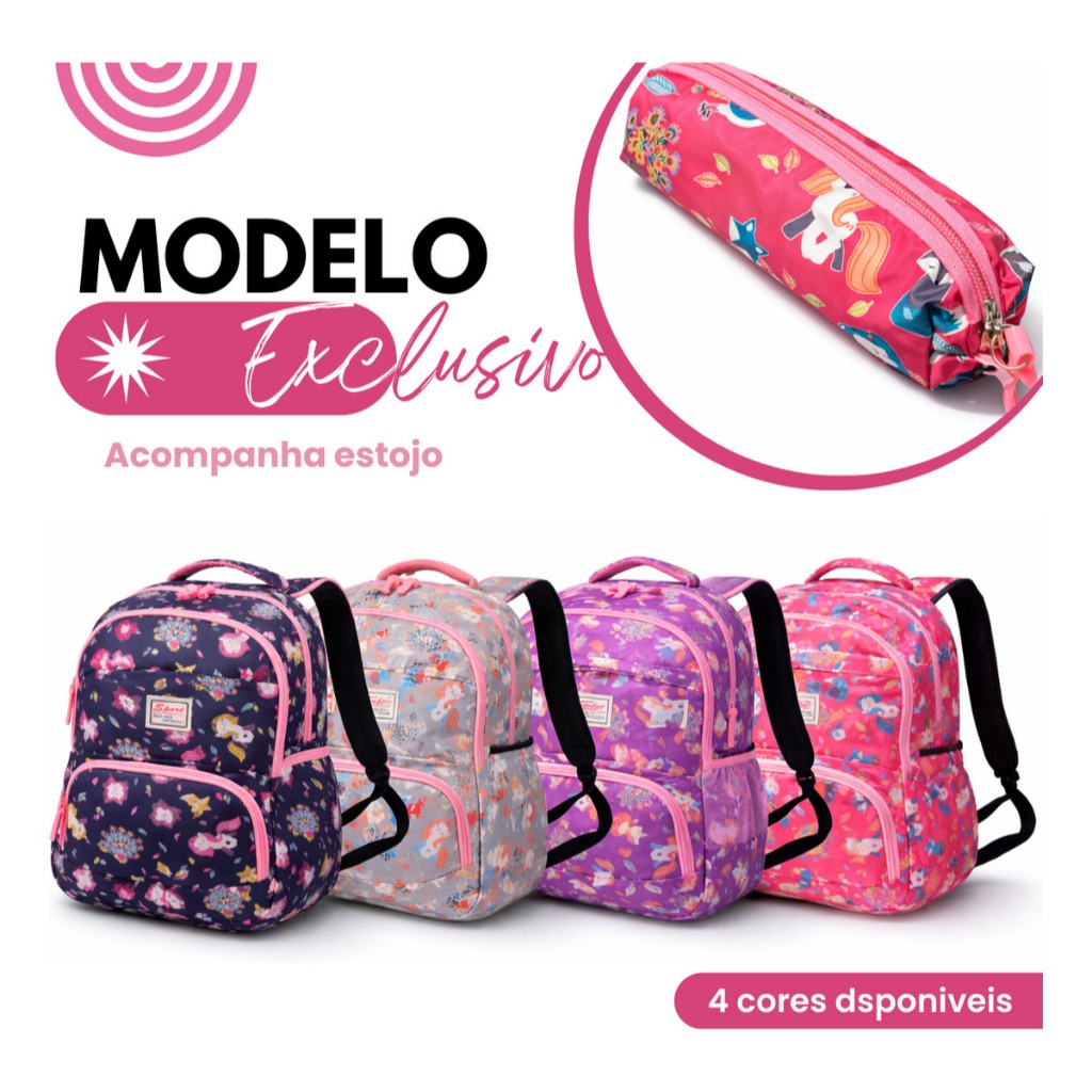 Mochila Escolar Com Estojo Unicórnio Feminina Reforçada Violeta Animal Print